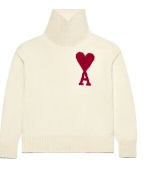 AMI Paris Big Heart Wool Funnel Neck Off White/Cream Virgin Wool Sweater size S